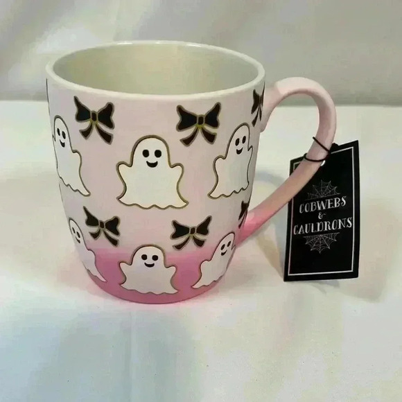Cobwebs Cauldrons Pink Ombre Halloween Coffee Cup Ghost Bows Gold  Accent Glass - Picture 1 of 4
